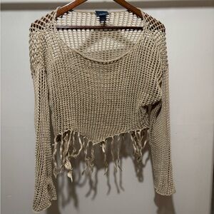 Daytrip Tan Open-Knit Fringe Sweater